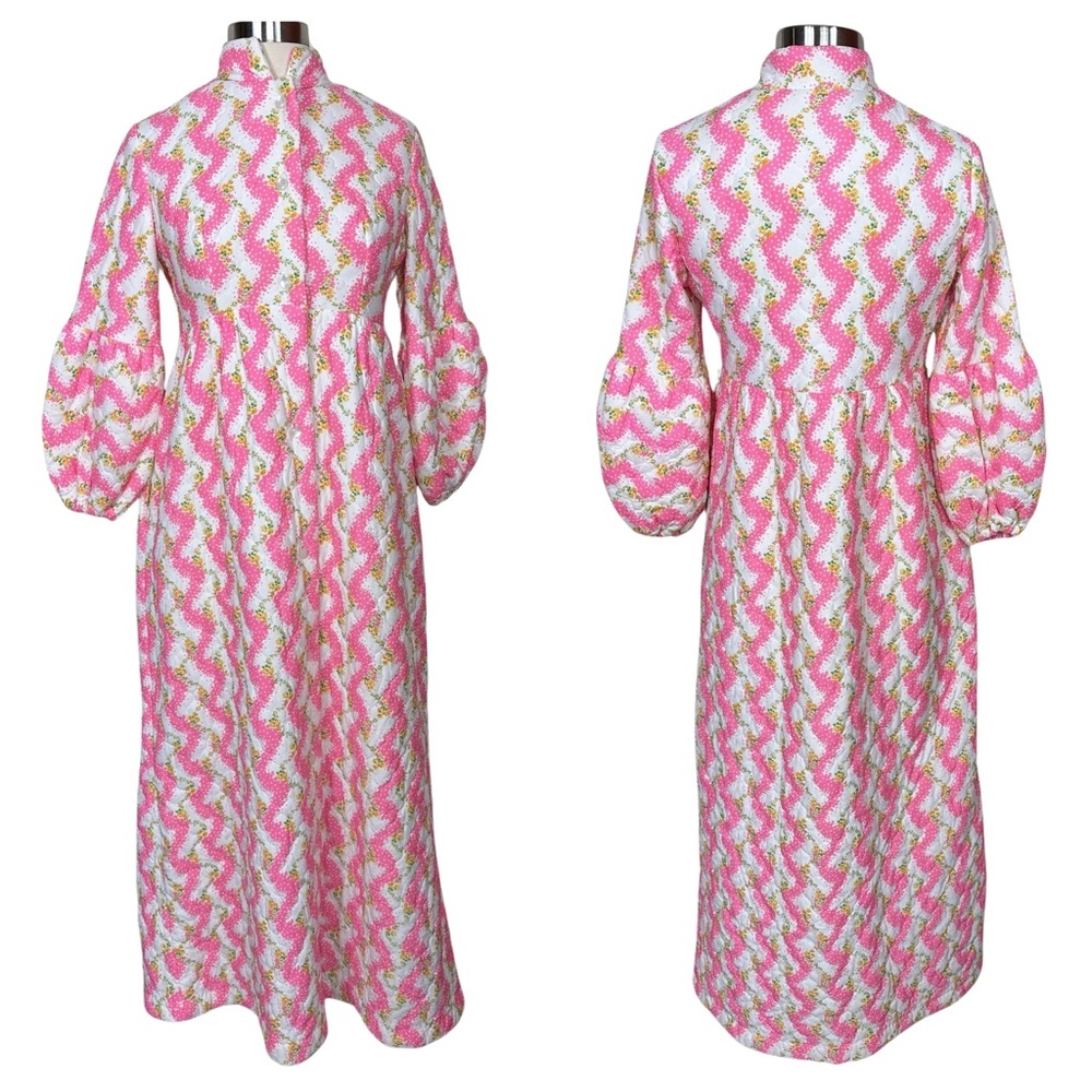 Vintage 70s Sears Floral Button Front Balloon Sleeve Nightgown Hostess Gown XS